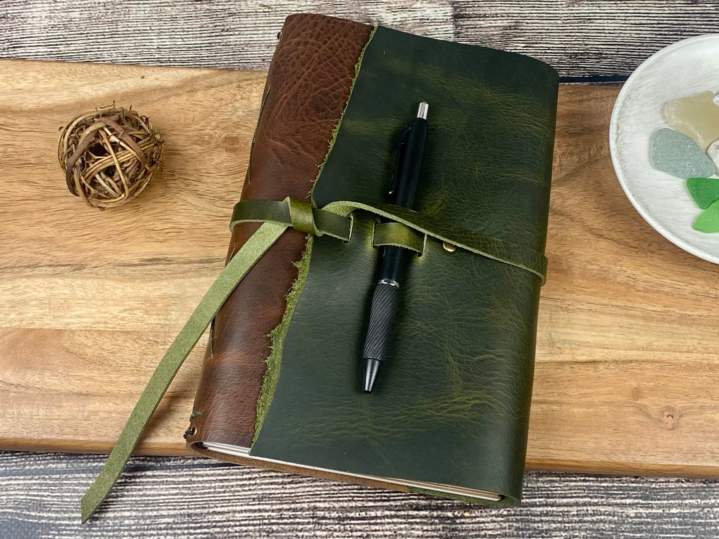 Large Refillable Journal in Saddle Brown and Olive Leathers