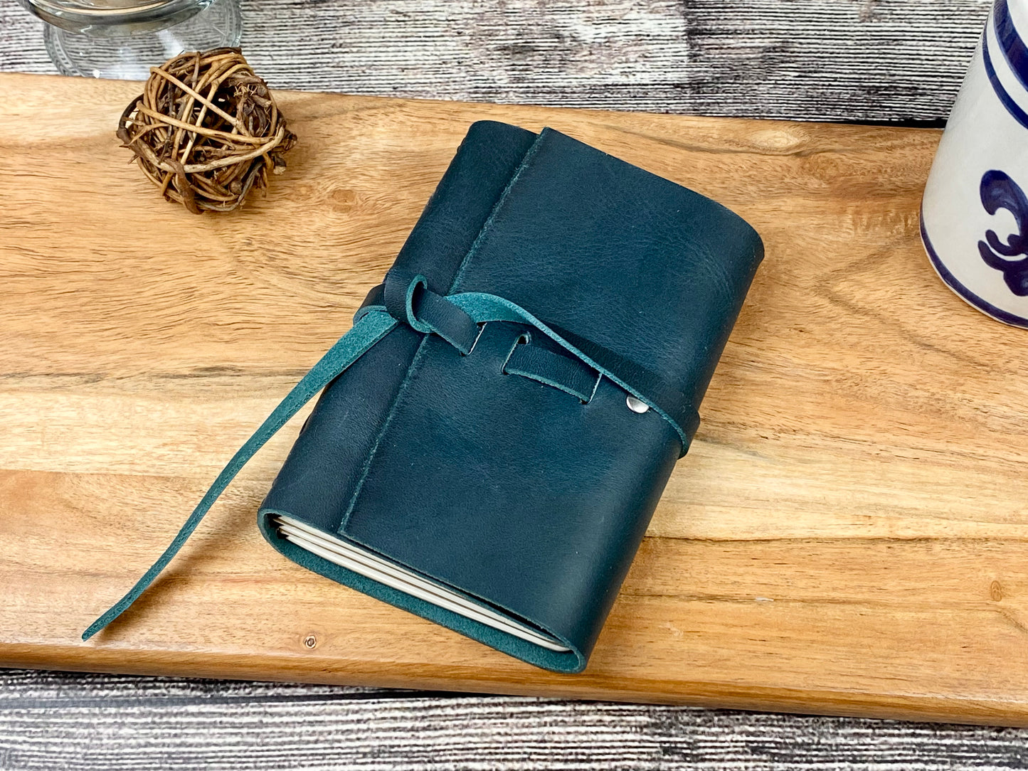 Pocket Refillable Journal in Dark Teal Leather