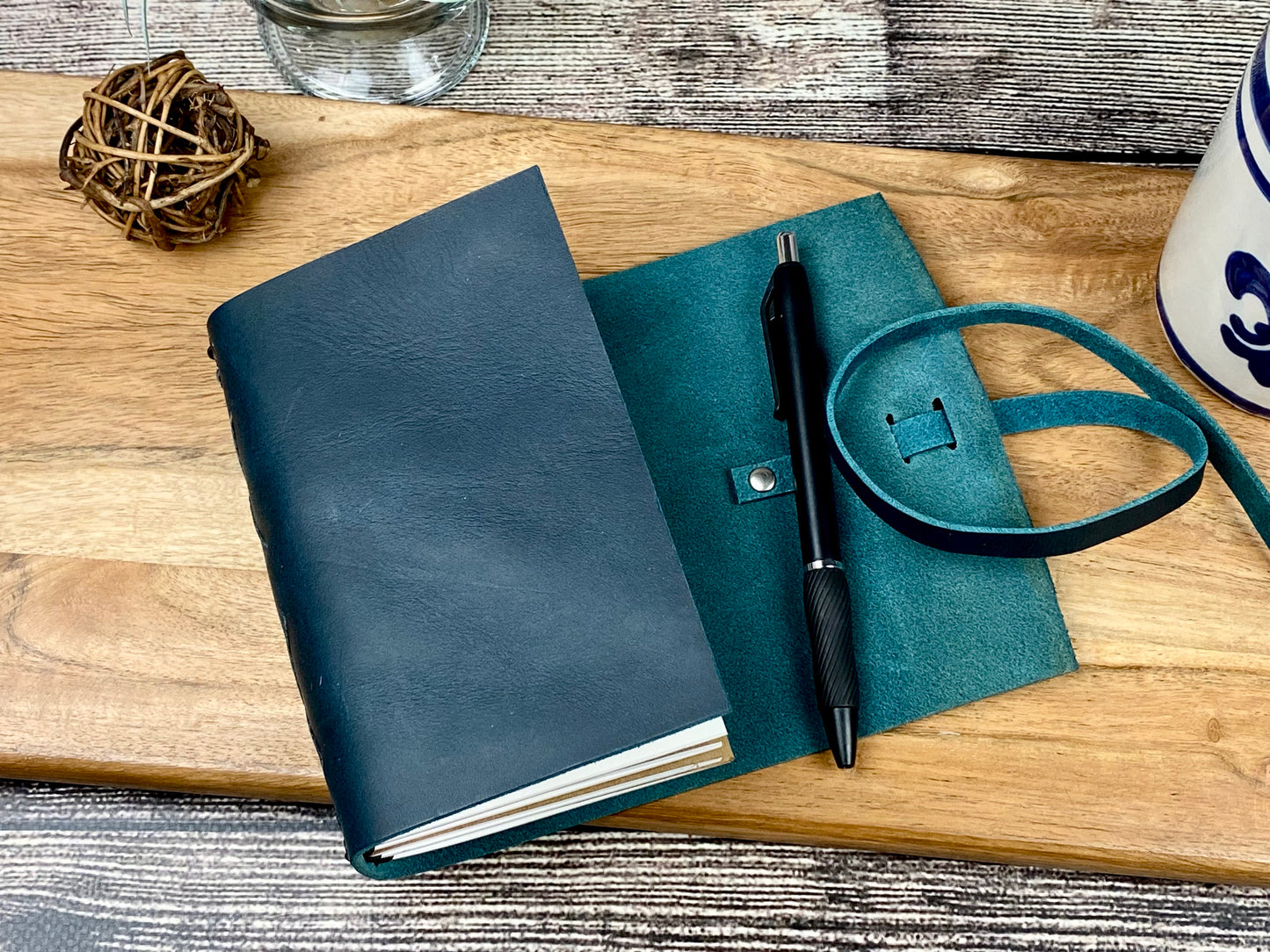 Pocket Refillable Journal in Dark Teal Leather