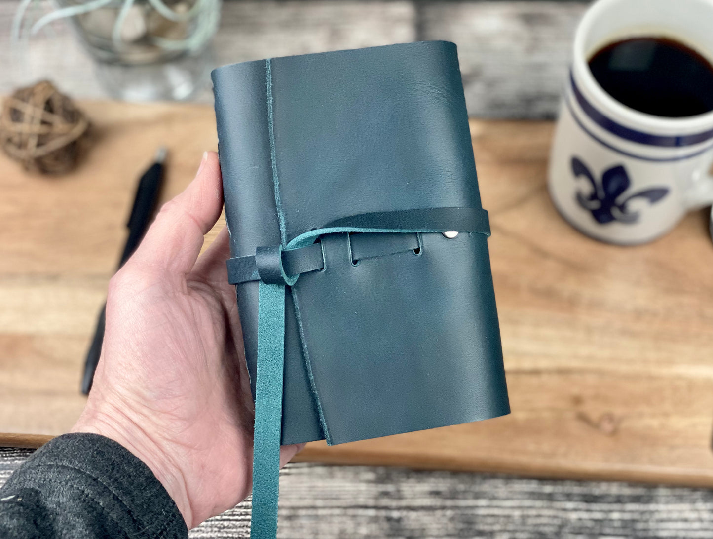 Pocket Refillable Journal in Dark Teal Leather