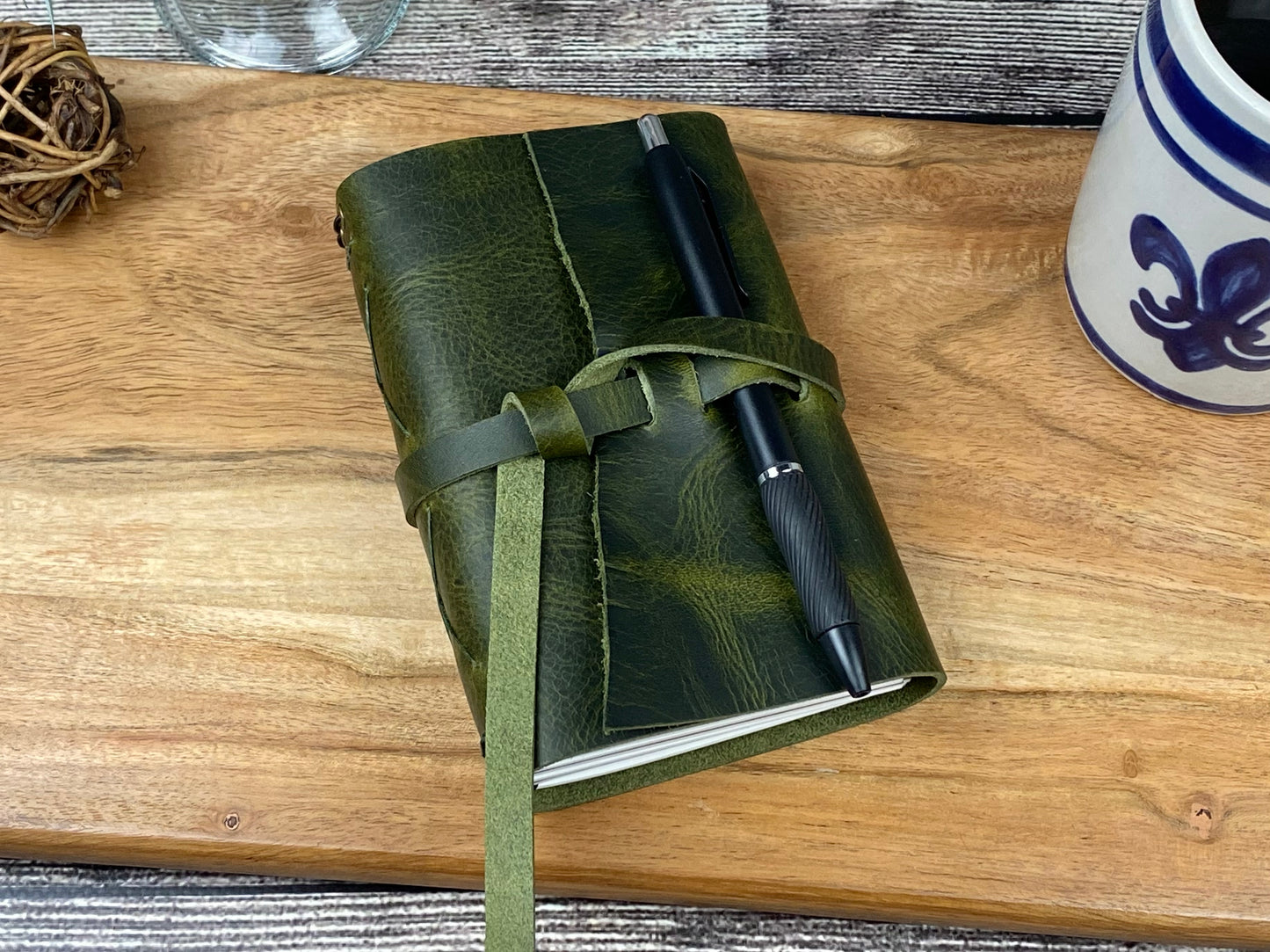 Pocket Refillable Journal in Olive Leather