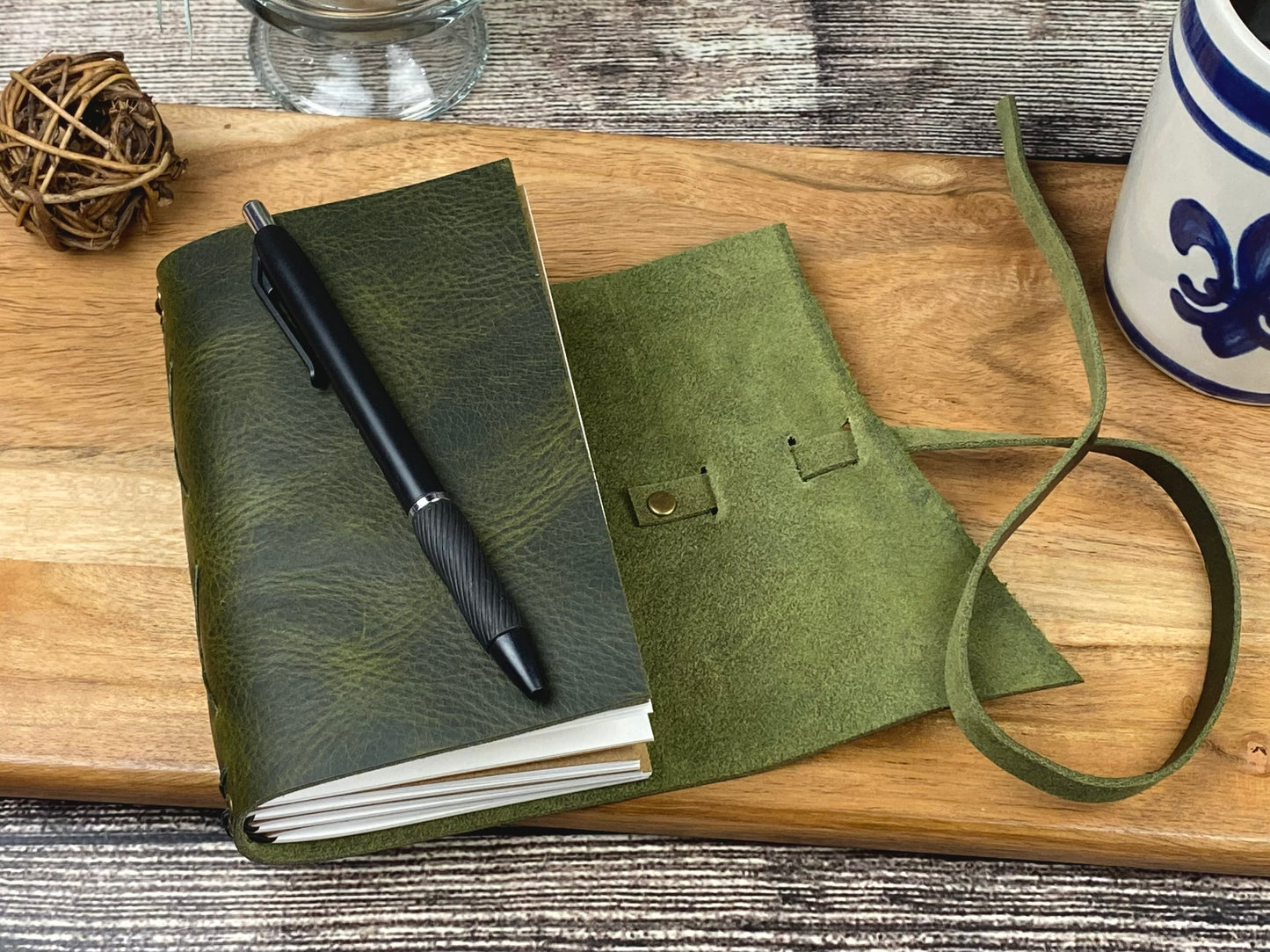 Pocket Refillable Journal in Olive Leather