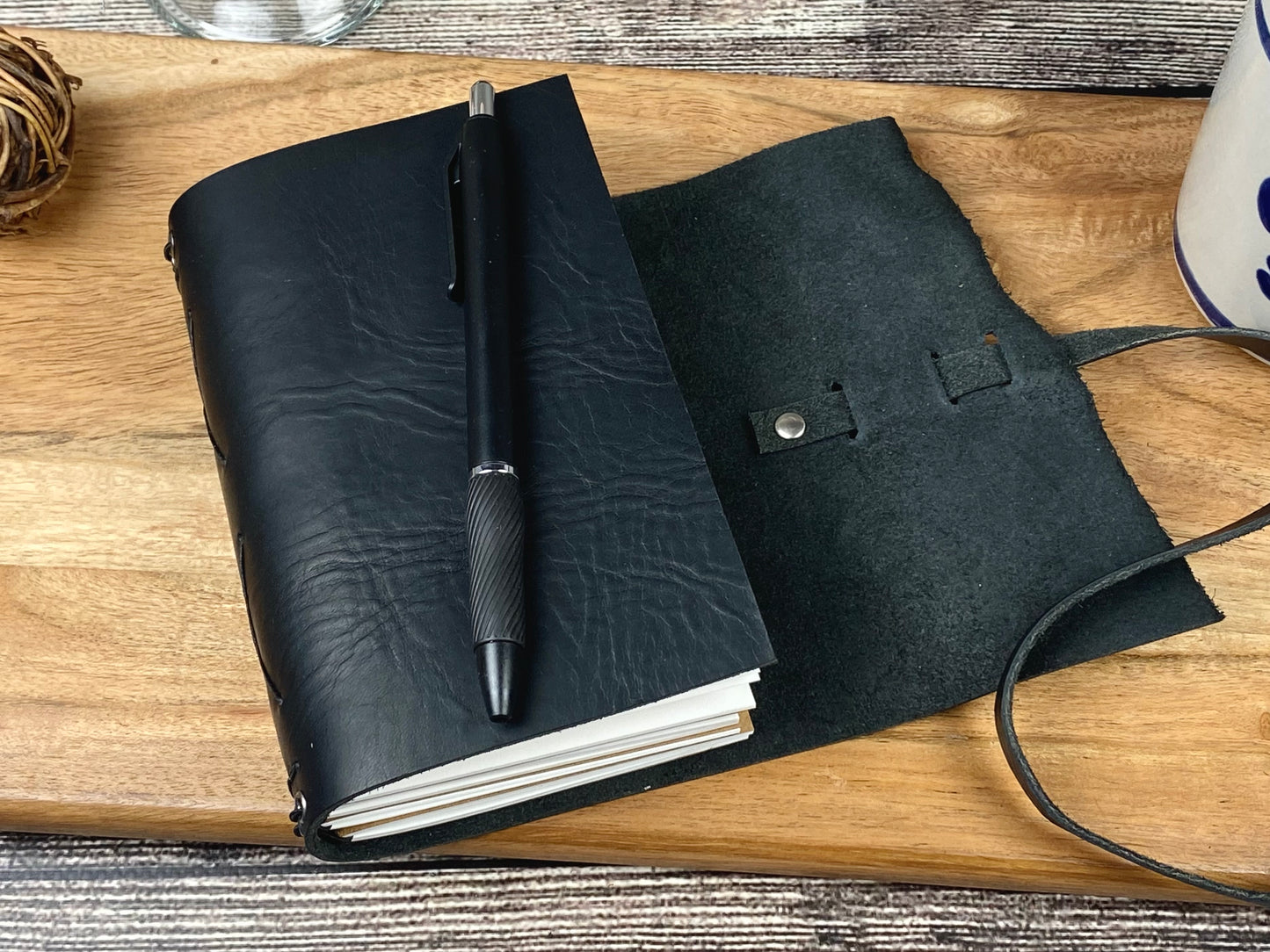 Pocket Refillable Journal in Black Leather