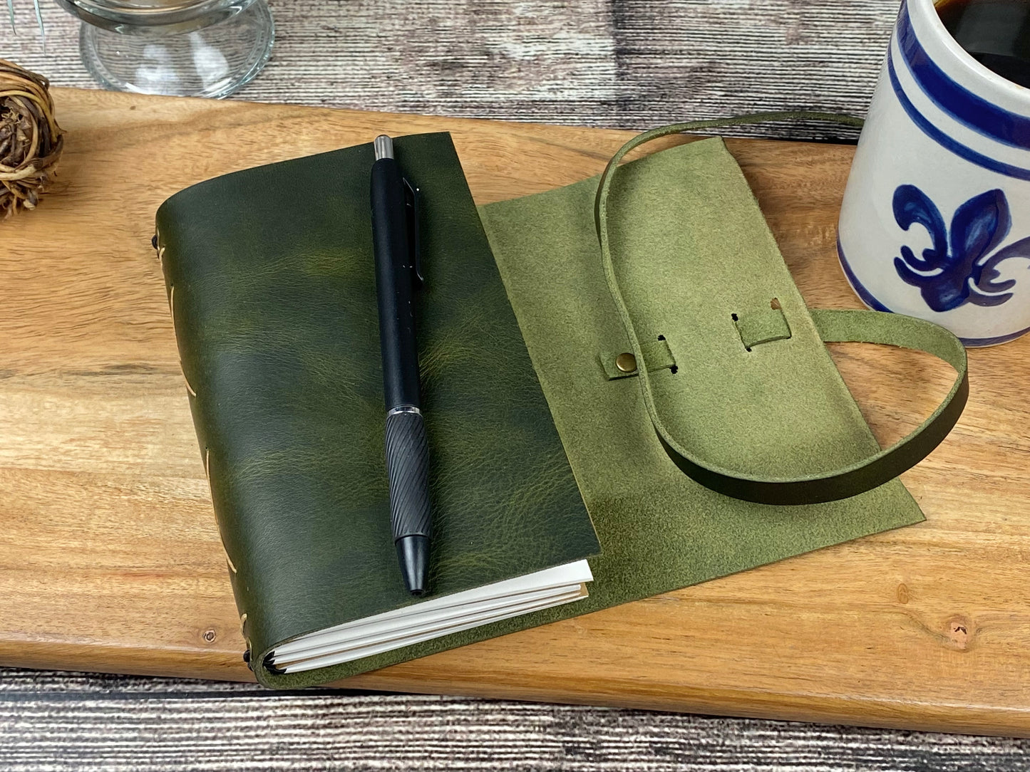 Pocket Refillable Journal in Olive Leather