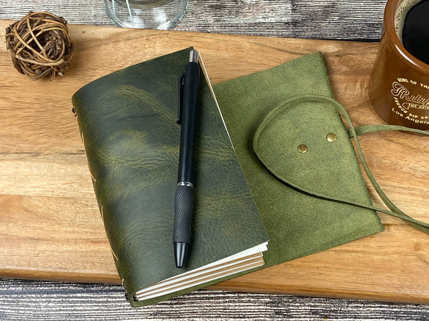 Pocket Refillable Journal in Olive Leather