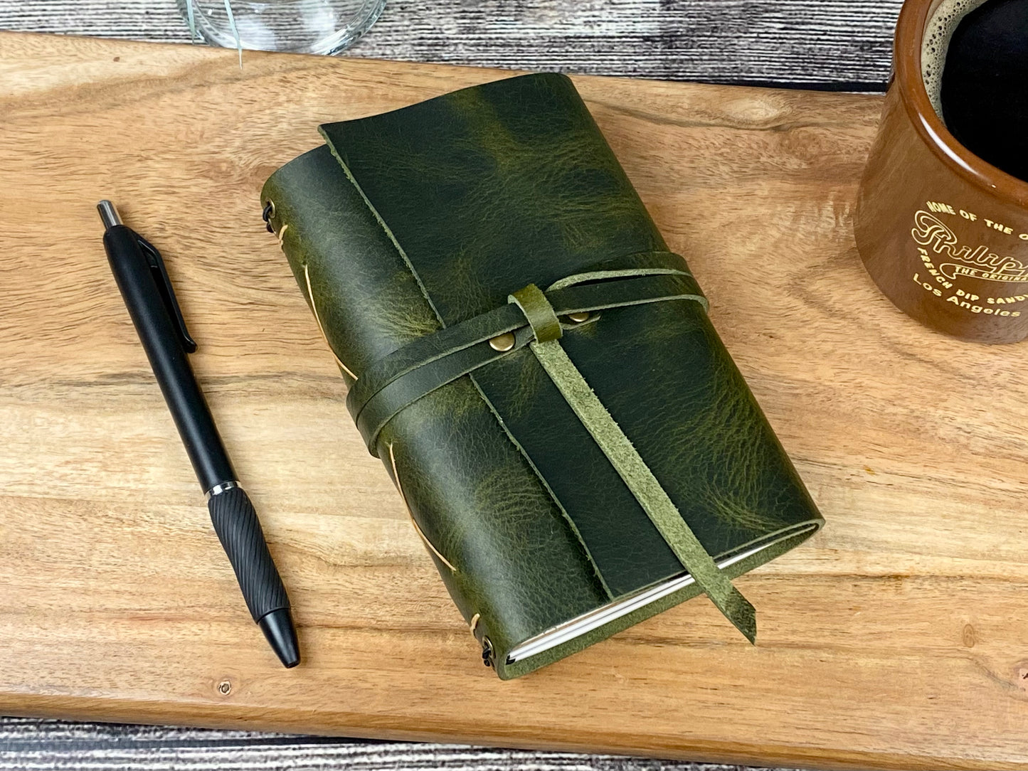 Pocket Refillable Journal in Olive Leather