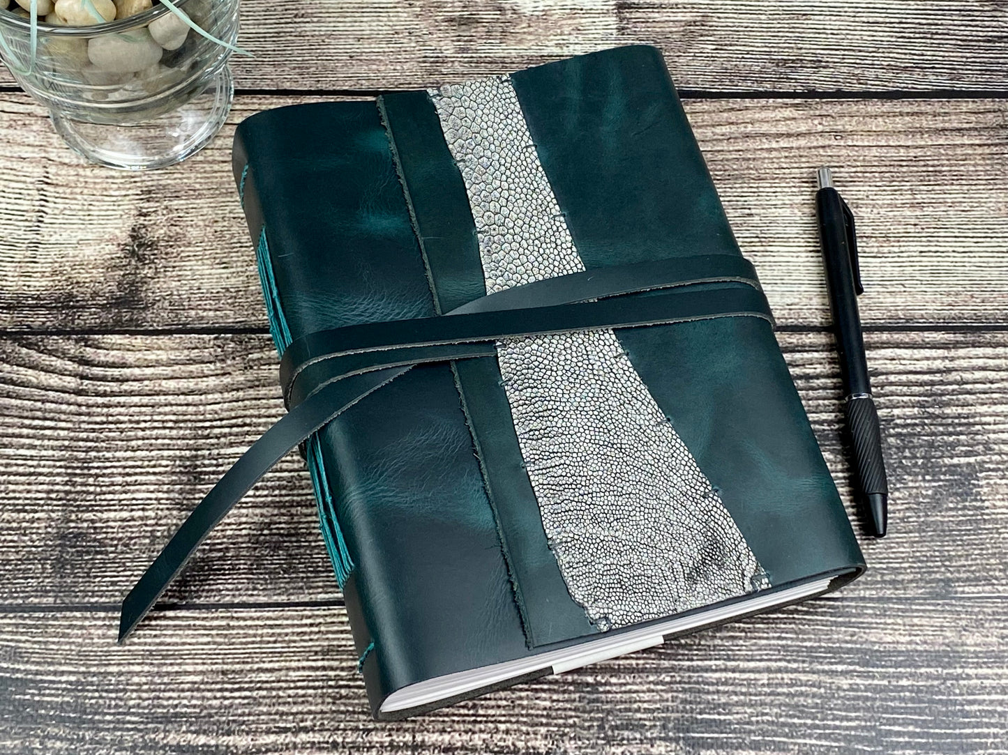 Large Blank Leather Journal in Peacock Cowhide with Ostrich Panel