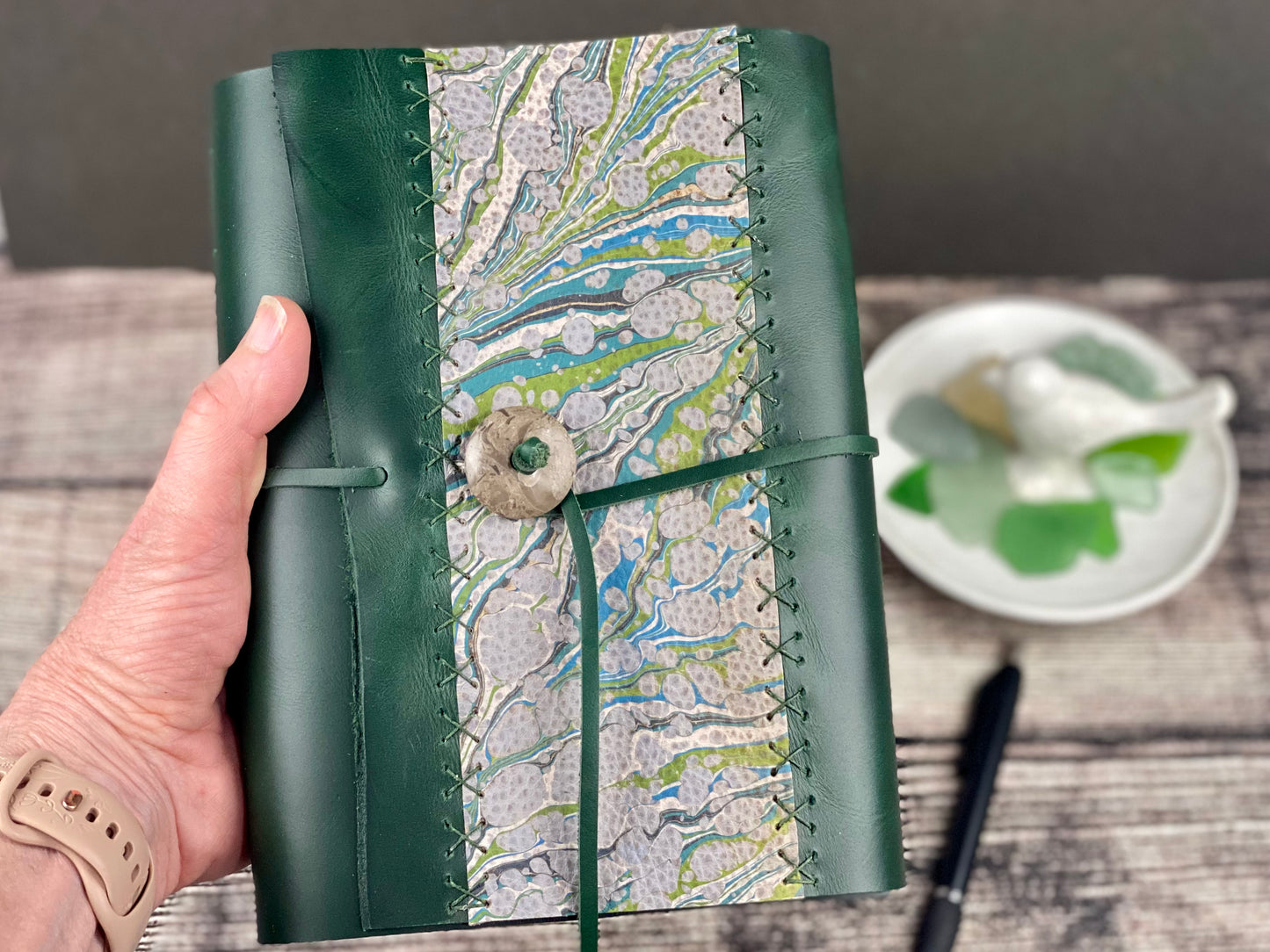 Large Emerald Leather Journal/Sketchbook with Marbling