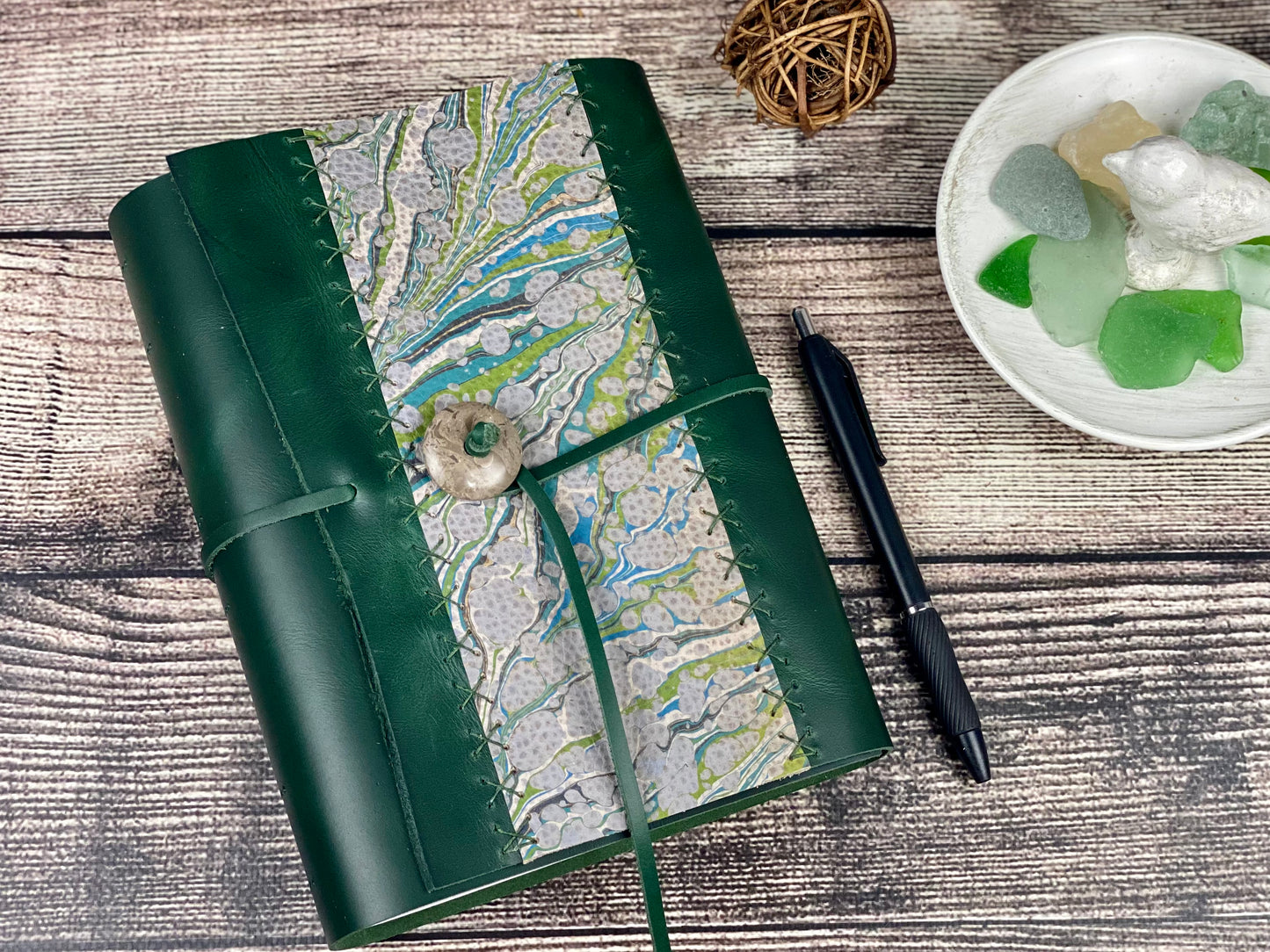 Large Emerald Leather Journal/Sketchbook with Marbling